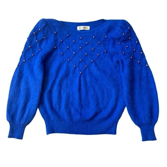 Vintage 80s Angora Sweater Women’s Med Fuzzy Blue Purple Pearl Embellished - Picture 1 of 14